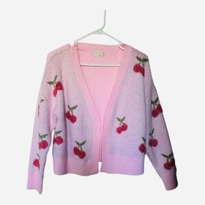 Pink Cherry Embroidered Open-Front Cardigan